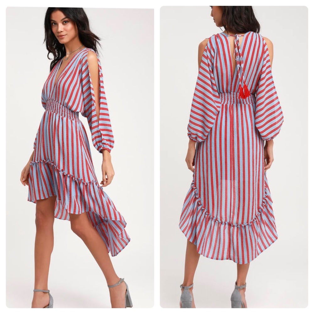 Lulu's Red and Light Blue Striped High-Low Dress